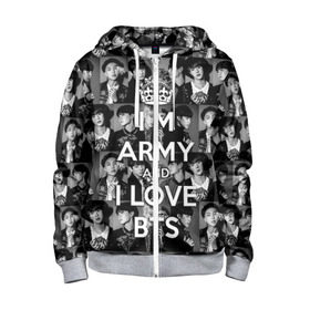 Детская толстовка 3D на молнии с принтом I am army and I lover BTS в Петрозаводске, 100% полиэстер |  манжеты и пояс оформлены широкой мягкой резинкой, двухслойный капюшон со шнурком для регулировки, спереди карманы и застежка-молния
 | bangtan boys | beyond the scene | boyband | boys | bts | chin | chonguk | collage | crown | edm | flowers | hip hop | jimin | jj hope | k pop | photo | r  b | rm | south korean | suga | wee | бойбенд | ви | джей хоуп | коллаж | корона | мальчики | с