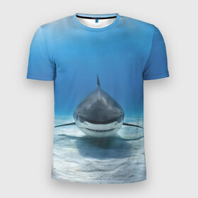 Мужская футболка 3D спортивная с принтом Анфас в Петрозаводске, 100% полиэстер с улучшенными характеристиками | приталенный силуэт, круглая горловина, широкие плечи, сужается к линии бедра | bottom | fin | full face | jaw | ocean | sand | shark | water | акула | анфас | вода | дно | океан | песок | плавник