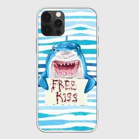Чехол для iPhone 12 Pro с принтом Free Kiss в Петрозаводске, силикон | область печати: задняя сторона чехла, без боковых панелей | free kiss | акула | бесплатные поцелуи | вода | кровь | море | объявление | острые зубы | поцелуй | рыба | табличка | хищник