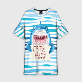 Детское платье 3D с принтом Free Kiss в Петрозаводске, 100% полиэстер | прямой силуэт, чуть расширенный к низу. Круглая горловина, на рукавах — воланы | free kiss | акула | бесплатные поцелуи | вода | кровь | море | объявление | острые зубы | поцелуй | рыба | табличка | хищник
