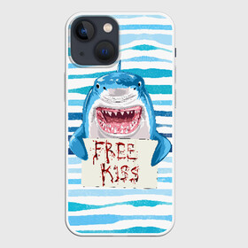 Чехол для iPhone 13 mini с принтом Free Kiss в Петрозаводске,  |  | free kiss | акула | бесплатные поцелуи | вода | кровь | море | объявление | острые зубы | поцелуй | рыба | табличка | хищник