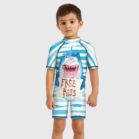 Детский купальный костюм 3D с принтом Free Kiss в Петрозаводске, Полиэстер 85%, Спандекс 15% | застежка на молнии на спине | free kiss | акула | бесплатные поцелуи | вода | кровь | море | объявление | острые зубы | поцелуй | рыба | табличка | хищник