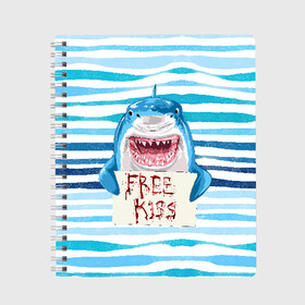 Тетрадь с принтом Free Kiss в Петрозаводске, 100% бумага | 48 листов, плотность листов — 60 г/м2, плотность картонной обложки — 250 г/м2. Листы скреплены сбоку удобной пружинной спиралью. Уголки страниц и обложки скругленные. Цвет линий — светло-серый
 | Тематика изображения на принте: free kiss | акула | бесплатные поцелуи | вода | кровь | море | объявление | острые зубы | поцелуй | рыба | табличка | хищник