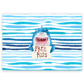 Поздравительная открытка с принтом Free Kiss в Петрозаводске, 100% бумага | плотность бумаги 280 г/м2, матовая, на обратной стороне линовка и место для марки
 | free kiss | акула | бесплатные поцелуи | вода | кровь | море | объявление | острые зубы | поцелуй | рыба | табличка | хищник