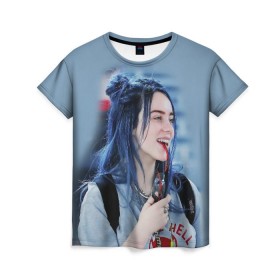 Женская футболка 3D с принтом BILLIE EILISH в Петрозаводске, 100% полиэфир ( синтетическое хлопкоподобное полотно) | прямой крой, круглый вырез горловины, длина до линии бедер | ayelish | bad guy | bellyache | bilie eilish | bilie elish | billie | billie eilish | eilish | electronic | elish | music | били айлиш | билли айлиш | эйлиш | элиш