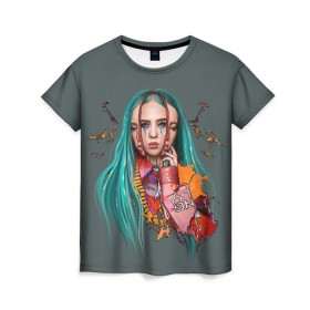 Женская футболка 3D с принтом BILLIE EILISH в Петрозаводске, 100% полиэфир ( синтетическое хлопкоподобное полотно) | прямой крой, круглый вырез горловины, длина до линии бедер | ayelish | bad guy | bellyache | bilie eilish | bilie elish | billie | billie eilish | eilish | electronic | elish | music | били айлиш | билли айлиш | эйлиш | элиш