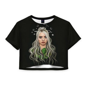 Женская футболка Cropp-top с принтом BILLIE EILISH в Петрозаводске, 100% полиэстер | круглая горловина, длина футболки до линии талии, рукава с отворотами | ayelish | bad guy | bellyache | bilie eilish | bilie elish | billie | billie eilish | eilish | electronic | elish | music | били айлиш | билли айлиш | эйлиш | элиш