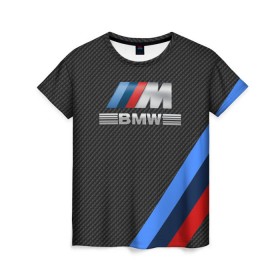 Женская футболка 3D с принтом BMW КАРБОН в Петрозаводске, 100% полиэфир ( синтетическое хлопкоподобное полотно) | прямой крой, круглый вырез горловины, длина до линии бедер | bmw | абстракция | авто | автомобиль | лого | логотип | машина | скорость