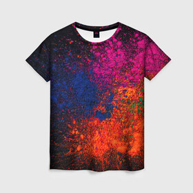 Женская футболка 3D с принтом Брызги краски в Петрозаводске, 100% полиэфир ( синтетическое хлопкоподобное полотно) | прямой крой, круглый вырез горловины, длина до линии бедер | брызги | брызги красок | краска | красочные | пятна | пятна краски | цветные | яркие
