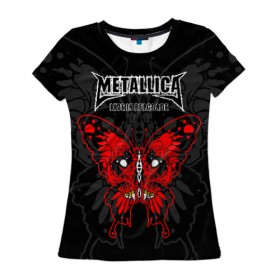 Женская футболка 3D с принтом Metallica в Петрозаводске, 100% полиэфир ( синтетическое хлопкоподобное полотно) | прямой крой, круглый вырез горловины, длина до линии бедер | american | butterfly | devil | fangs | james hetfield | kirk hammett | metal band | metallica | music | mystic | red | rock | skull | vampire | американская | бабочка | вампир | джеймс хетфилд | дьявол | кирк хэмметт | клыки | красная | ларс ульрих | мета