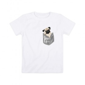 Детская футболка хлопок с принтом Мопс в кармане в Петрозаводске, 100% хлопок | круглый вырез горловины, полуприлегающий силуэт, длина до линии бедер | Тематика изображения на принте: pug | карман | карманный мопс | малыш | милый | мопс | пес | песик | собака | собачка