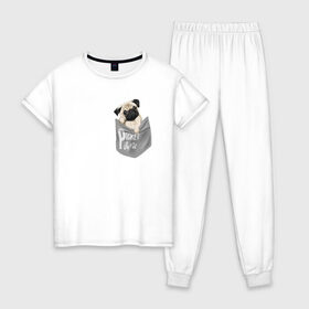 Женская пижама хлопок с принтом Мопс в кармане в Петрозаводске, 100% хлопок | брюки и футболка прямого кроя, без карманов, на брюках мягкая резинка на поясе и по низу штанин | pug | карман | карманный мопс | малыш | милый | мопс | пес | песик | собака | собачка