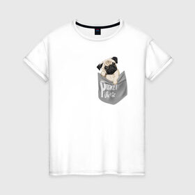 Женская футболка хлопок с принтом Мопс в кармане в Петрозаводске, 100% хлопок | прямой крой, круглый вырез горловины, длина до линии бедер, слегка спущенное плечо | pug | карман | карманный мопс | малыш | милый | мопс | пес | песик | собака | собачка