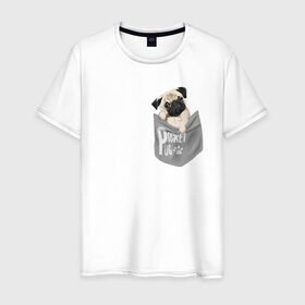Мужская футболка хлопок с принтом Мопс в кармане в Петрозаводске, 100% хлопок | прямой крой, круглый вырез горловины, длина до линии бедер, слегка спущенное плечо. | pug | карман | карманный мопс | малыш | милый | мопс | пес | песик | собака | собачка