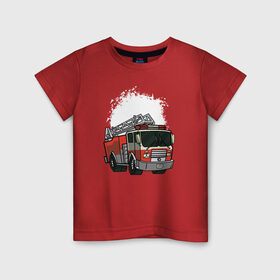 Детская футболка хлопок с принтом Пожарная Машина в Петрозаводске, 100% хлопок | круглый вырез горловины, полуприлегающий силуэт, длина до линии бедер | огонь | пожар | пожарная | пожарная охрана | пожарник | пожарный