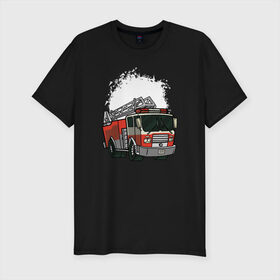 Мужская футболка премиум с принтом Пожарная Машина в Петрозаводске, 92% хлопок, 8% лайкра | приталенный силуэт, круглый вырез ворота, длина до линии бедра, короткий рукав | Тематика изображения на принте: огонь | пожар | пожарная | пожарная охрана | пожарник | пожарный