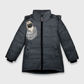 Зимняя куртка для девочек 3D с принтом Карманный мопс в Петрозаводске, ткань верха — 100% полиэстер; подклад — 100% полиэстер, утеплитель — 100% полиэстер. | длина ниже бедра, удлиненная спинка, воротник стойка и отстегивающийся капюшон. Есть боковые карманы с листочкой на кнопках, утяжки по низу изделия и внутренний карман на молнии. 

Предусмотрены светоотражающий принт на спинке, радужный светоотражающий элемент на пуллере молнии и на резинке для утяжки. | pug | карман | карманный мопс | малыш | милый | мопс | пес | песик | собака | собачка