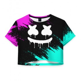 Женская футболка Cropp-top с принтом MARSHMELLO MELT в Петрозаводске, 100% полиэстер | круглая горловина, длина футболки до линии талии, рукава с отворотами | america | dj | marshmello | usa | америка | брызги | краски | маршмелло