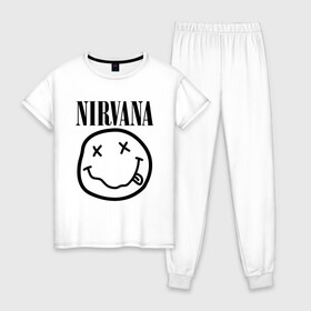 Женская пижама хлопок с принтом NIRVANA в Петрозаводске, 100% хлопок | брюки и футболка прямого кроя, без карманов, на брюках мягкая резинка на поясе и по низу штанин | nirvana | smile | курт кобейн | нирвана | смайл
