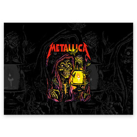 Поздравительная открытка с принтом Metallica  в Петрозаводске, 100% бумага | плотность бумаги 280 г/м2, матовая, на обратной стороне линовка и место для марки
 | Тематика изображения на принте: american | death | fly | holds | james hetfield | kirk hammett | lantern | metal band | metallica | moths | music | mysticism | rock | skeleton | skull | американская | держит | джеймс хетфилд | ларс ульрих | летают | метал группа | металлика | мистика | 