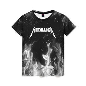 Женская футболка 3D с принтом METALLICA (НА СПИНЕ) в Петрозаводске, 100% полиэфир ( синтетическое хлопкоподобное полотно) | прямой крой, круглый вырез горловины, длина до линии бедер | fire | flame | metallica | металлика | огонь | пламя