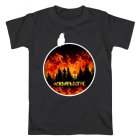 Мужская футболка хлопок с принтом Сибирь в огне в Петрозаводске, 100% хлопок | прямой крой, круглый вырез горловины, длина до линии бедер, слегка спущенное плечо. | в огне | горит | лес | огонь | птица | птицы | сибирь