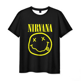 Мужская футболка 3D с принтом NIRVANA в Петрозаводске, 100% полиэфир | прямой крой, круглый вырез горловины, длина до линии бедер | nirvana | smile | курт кобейн | нирвана | смайл