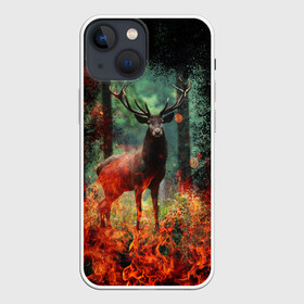 Чехол для iPhone 13 mini с принтом Олень в горящем лесу Сибири в Петрозаводске,  |  | животные | лес | огонь | олень | пламы | пожар | сибирь