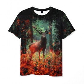 Мужская футболка 3D с принтом Олень в горящем лесу Сибири в Петрозаводске, 100% полиэфир | прямой крой, круглый вырез горловины, длина до линии бедер | Тематика изображения на принте: животные | лес | огонь | олень | пламы | пожар | сибирь