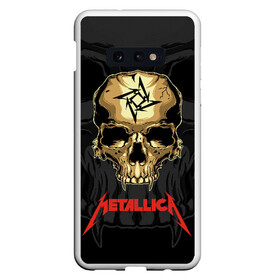 Чехол для Samsung S10E с принтом Metallica в Петрозаводске, Силикон | Область печати: задняя сторона чехла, без боковых панелей | american | james hetfield | kirk hammett | l | metal band | metallic | metallica | music | robot | rock | scales | sitting | skeleton | skull | throne | американская | джеймс хетфилд | кирк хэмметт | ларс ульрих | логотип | метал группа | металл