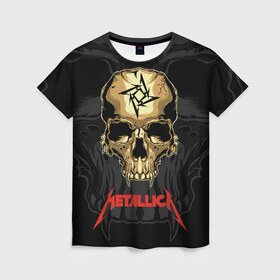 Женская футболка 3D с принтом Metallica в Петрозаводске, 100% полиэфир ( синтетическое хлопкоподобное полотно) | прямой крой, круглый вырез горловины, длина до линии бедер | american | james hetfield | kirk hammett | l | metal band | metallic | metallica | music | robot | rock | scales | sitting | skeleton | skull | throne | американская | джеймс хетфилд | кирк хэмметт | ларс ульрих | логотип | метал группа | металл