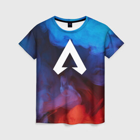 Женская футболка 3D с принтом Apex Legends в Петрозаводске, 100% полиэфир ( синтетическое хлопкоподобное полотно) | прямой крой, круглый вырез горловины, длина до линии бедер | apex | apex legends | дым | игра | красочный дым | лого