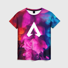 Женская футболка 3D с принтом Apex Legends в Петрозаводске, 100% полиэфир ( синтетическое хлопкоподобное полотно) | прямой крой, круглый вырез горловины, длина до линии бедер | apex | apex legends | дым | игра | красочный дым | лого