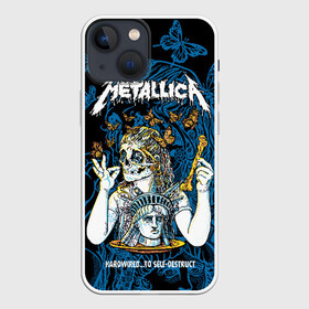 Чехол для iPhone 13 mini с принтом Metallica в Петрозаводске,  |  | american | bone | butterflies | death | fly | girl | head | james hetfield | kirk hammett | metal band | metallica | music | plate | rock | skull | statue of liberty | американская | бабочки | голова | девушка | держит | кость | кушает | летают | металлик