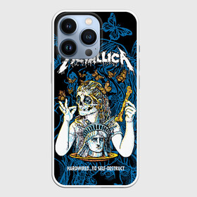 Чехол для iPhone 13 Pro с принтом Metallica в Петрозаводске,  |  | Тематика изображения на принте: american | bone | butterflies | death | fly | girl | head | james hetfield | kirk hammett | metal band | metallica | music | plate | rock | skull | statue of liberty | американская | бабочки | голова | девушка | держит | кость | кушает | летают | металлик