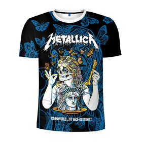 Мужская футболка 3D спортивная с принтом Metallica в Петрозаводске, 100% полиэстер с улучшенными характеристиками | приталенный силуэт, круглая горловина, широкие плечи, сужается к линии бедра | american | bone | butterflies | death | fly | girl | head | james hetfield | kirk hammett | metal band | metallica | music | plate | rock | skull | statue of liberty | американская | бабочки | голова | девушка | держит | кость | кушает | летают | металлик