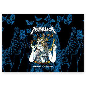 Поздравительная открытка с принтом Metallica  в Петрозаводске, 100% бумага | плотность бумаги 280 г/м2, матовая, на обратной стороне линовка и место для марки
 | Тематика изображения на принте: american | bone | butterflies | death | fly | girl | head | james hetfield | kirk hammett | metal band | metallica | music | plate | rock | skull | statue of liberty | американская | бабочки | голова | девушка | держит | кость | кушает | летают | металлик