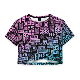 Женская футболка Cropp-top с принтом BTS LOGOBOMBING в Петрозаводске, 100% полиэстер | круглая горловина, длина футболки до линии талии, рукава с отворотами | bangtan boys | bt21 | bts | бтс