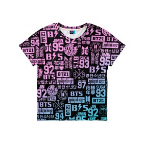 Детская футболка 3D с принтом BTS LOGOBOMBING в Петрозаводске, 100% гипоаллергенный полиэфир | прямой крой, круглый вырез горловины, длина до линии бедер, чуть спущенное плечо, ткань немного тянется | bangtan boys | bt21 | bts | бтс
