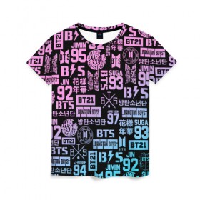 Женская футболка 3D с принтом BTS LOGOBOMBING в Петрозаводске, 100% полиэфир ( синтетическое хлопкоподобное полотно) | прямой крой, круглый вырез горловины, длина до линии бедер | bangtan boys | bt21 | bts | бтс