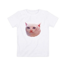 Детская футболка хлопок с принтом Плачущий кот в Петрозаводске, 100% хлопок | круглый вырез горловины, полуприлегающий силуэт, длина до линии бедер | cat | crying | meme | кот | мем | плачущий