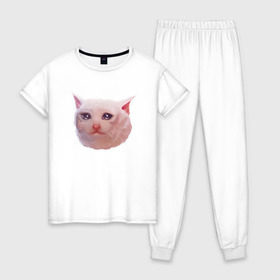 Женская пижама хлопок с принтом Плачущий кот в Петрозаводске, 100% хлопок | брюки и футболка прямого кроя, без карманов, на брюках мягкая резинка на поясе и по низу штанин | cat | crying | meme | кот | мем | плачущий