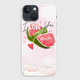 Чехол для iPhone 13 mini с принтом I love you very much в Петрозаводске,  |  | Тематика изображения на принте: арбуз | ваниль | влюбленные | лето | люблю тебя | любовь | сердечко | сердце | я люблю