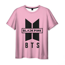 Мужская футболка 3D с принтом BTS and BLACKPINK в Петрозаводске, 100% полиэфир | прямой крой, круглый вырез горловины, длина до линии бедер | bangtan boys | black | blackpink | bt21 | bts | k pop | pink | rose | блек пинк | блекпинк | блэк пинк | блэкпинк | бтс