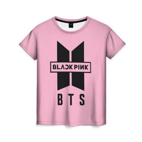 Женская футболка 3D с принтом BTS and BLACKPINK в Петрозаводске, 100% полиэфир ( синтетическое хлопкоподобное полотно) | прямой крой, круглый вырез горловины, длина до линии бедер | bangtan boys | black | blackpink | bt21 | bts | k pop | pink | rose | блек пинк | блекпинк | блэк пинк | блэкпинк | бтс