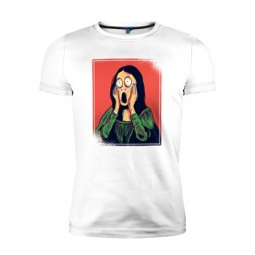 Мужская футболка премиум с принтом Мона Лиза в Петрозаводске, 92% хлопок, 8% лайкра | приталенный силуэт, круглый вырез ворота, длина до линии бедра, короткий рукав | fear | halloween | mona lisa | мона лиза | ужас | хеллоуин | хэллоуин