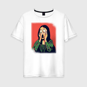 Женская футболка хлопок Oversize с принтом Мона Лиза в Петрозаводске, 100% хлопок | свободный крой, круглый ворот, спущенный рукав, длина до линии бедер
 | fear | halloween | mona lisa | мона лиза | ужас | хеллоуин | хэллоуин