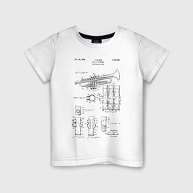 Детская футболка хлопок с принтом Musical instrument в Петрозаводске, 100% хлопок | круглый вырез горловины, полуприлегающий силуэт, длина до линии бедер | patent | звук | идея | история | музыка | патент | разработка | труба | трубач | чертеж | чертежи