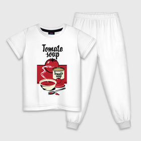 Детская пижама хлопок с принтом Томатный суп в Петрозаводске, 100% хлопок |  брюки и футболка прямого кроя, без карманов, на брюках мягкая резинка на поясе и по низу штанин
 | Тематика изображения на принте: flat | food | poster | retro | soup | spoon | steam | tomato | еда | ложка | пар | плакат | помидор | ретро | суп | тарелка