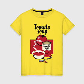 Женская футболка хлопок с принтом Томатный суп в Петрозаводске, 100% хлопок | прямой крой, круглый вырез горловины, длина до линии бедер, слегка спущенное плечо | flat | food | poster | retro | soup | spoon | steam | tomato | еда | ложка | пар | плакат | помидор | ретро | суп | тарелка